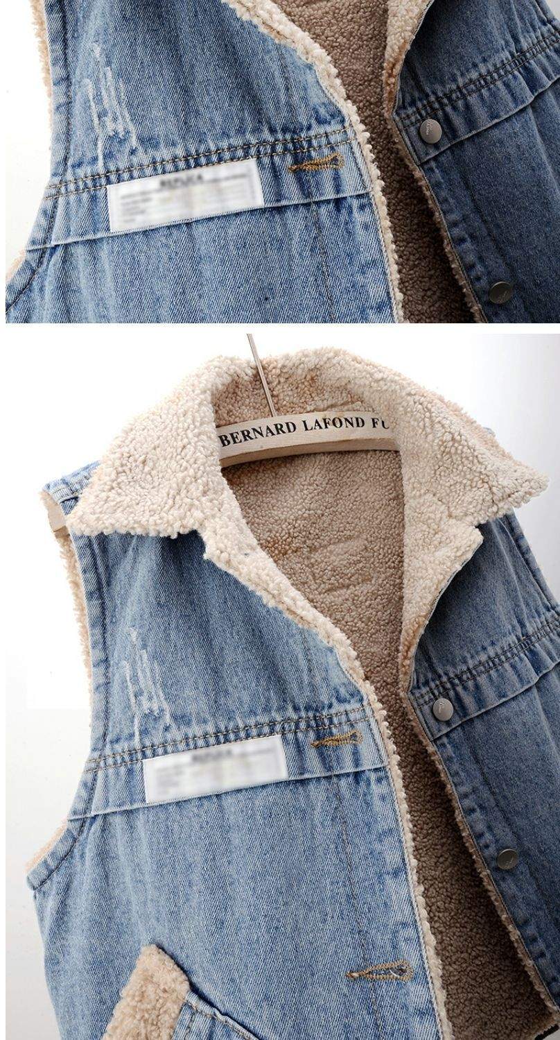 LAMB WOOL FLEECE LINED THICKENED PATCH DENIM VEST   WAISTCOAT