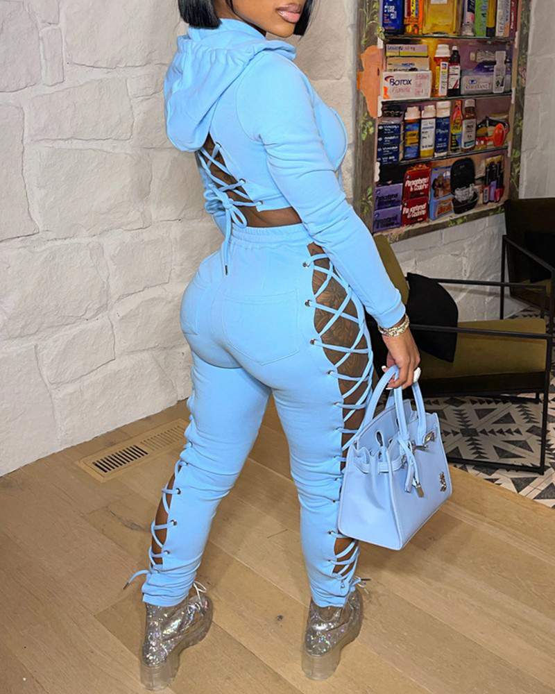 Kangaroo Pocket Drawstring Crop Hoodie Grommet Eyelet LaceUp Pants Set