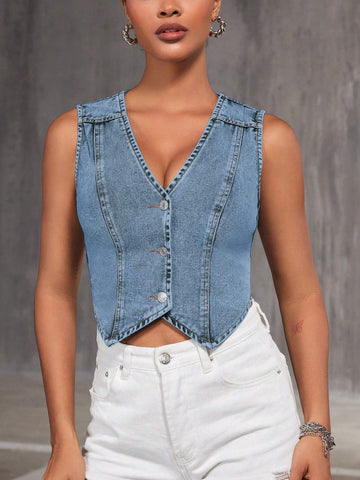 Fitted Denim Vest, Button-Up Sleeveless Top