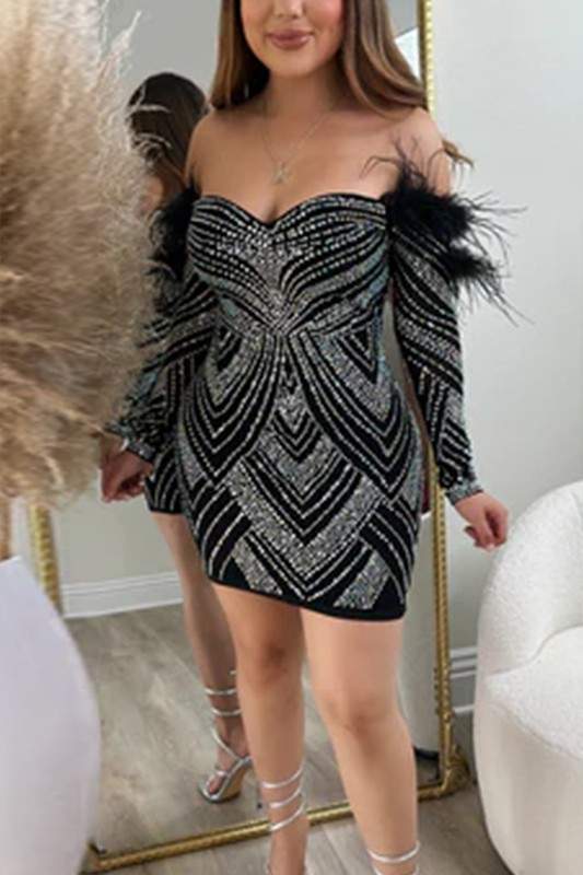 OFF SHOULDER RHINESTONES MINI DRESS