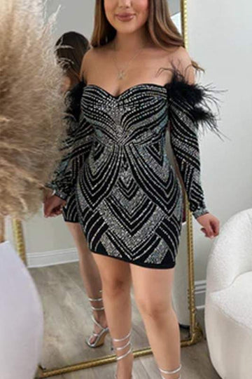 OFF SHOULDER RHINESTONES MINI DRESS