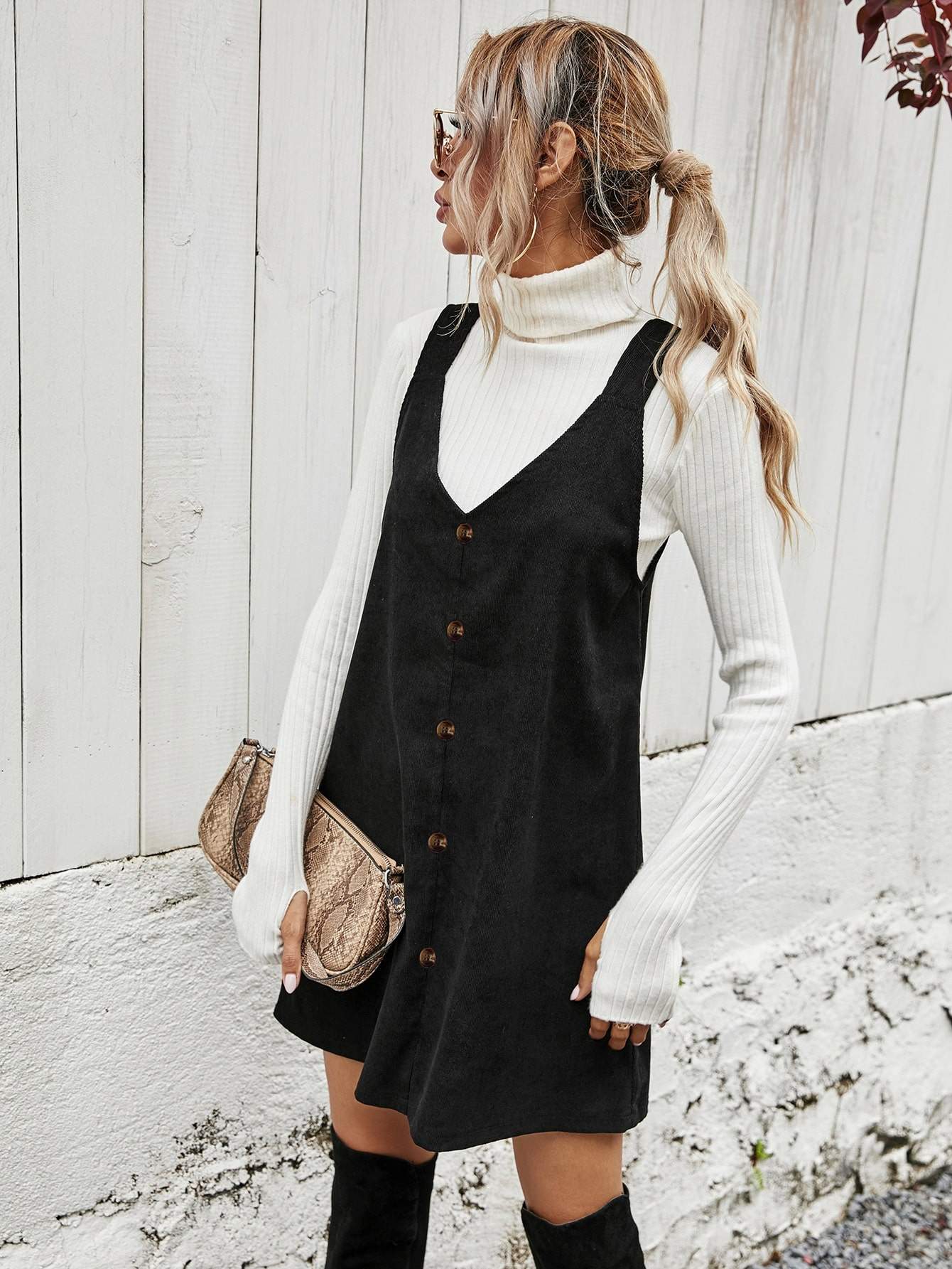 SOLID BUTTON FRONT CORDUROY OVERALL DRESS