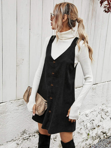 SOLID BUTTON FRONT CORDUROY OVERALL DRESS
