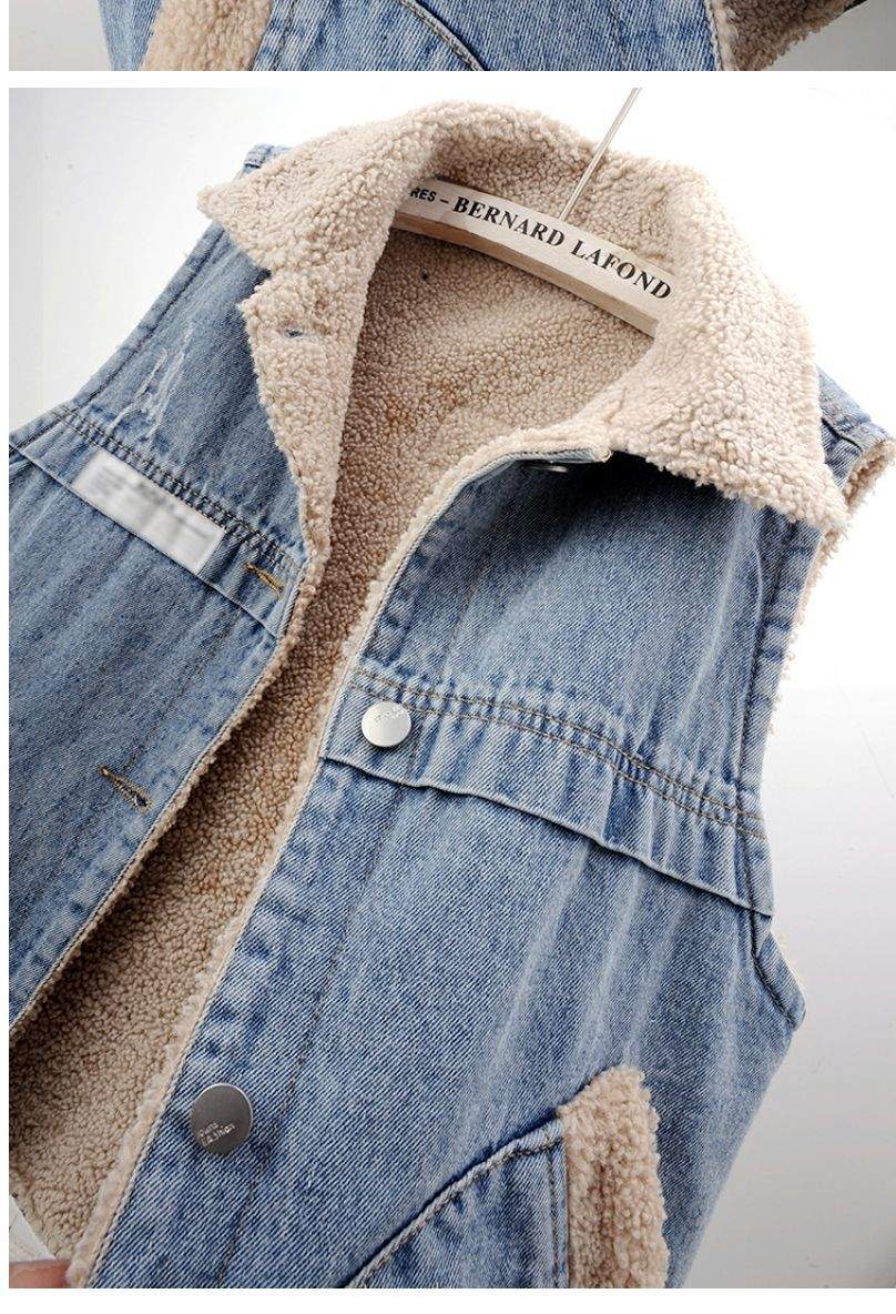 LAMB WOOL FLEECE LINED THICKENED PATCH DENIM VEST   WAISTCOAT