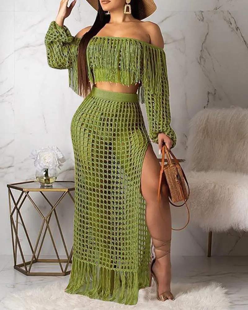 CROCHET CASUAL MESH TASSEL BEACH TOP SKIRT SETS SWIMWEAR COVER UPS