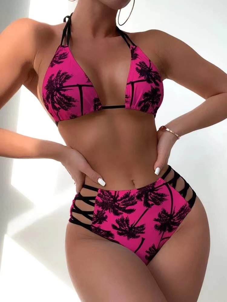 Palm Tree Print Cross Bikini Swimsuit
