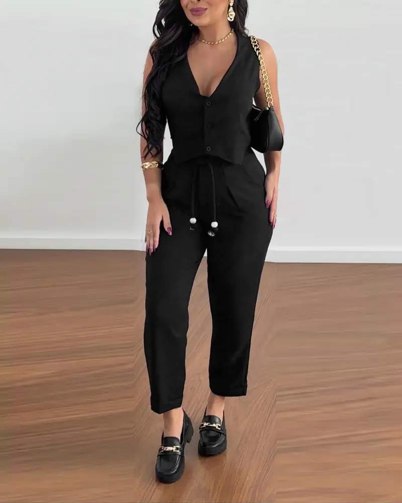 V NECK BUTTONED VEST TOP POCKET DESIGN TIED DETAIL PANTS SET