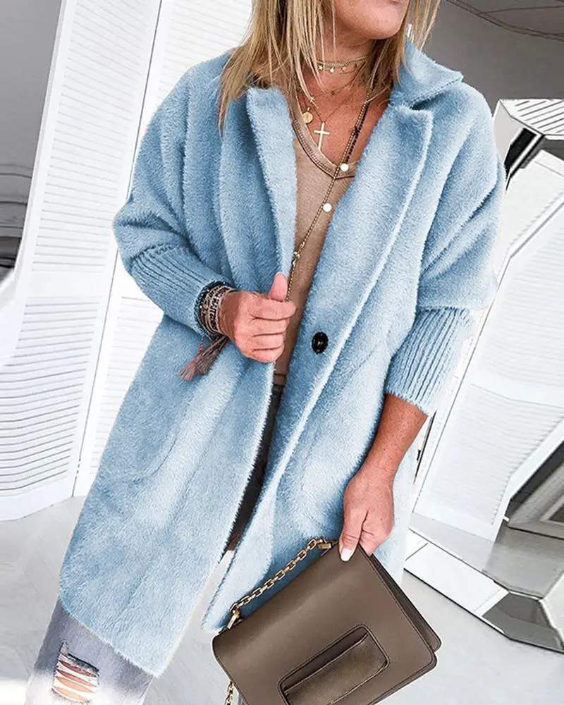 WARM KHAKI SOLID FLUFFY OPEN FRONT LONG COAT