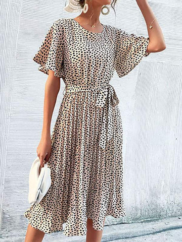 LEOPARD PRINT POLYESTER CLASSIC JEWEL NECK SHORT SLEEVES MIDI DRESS