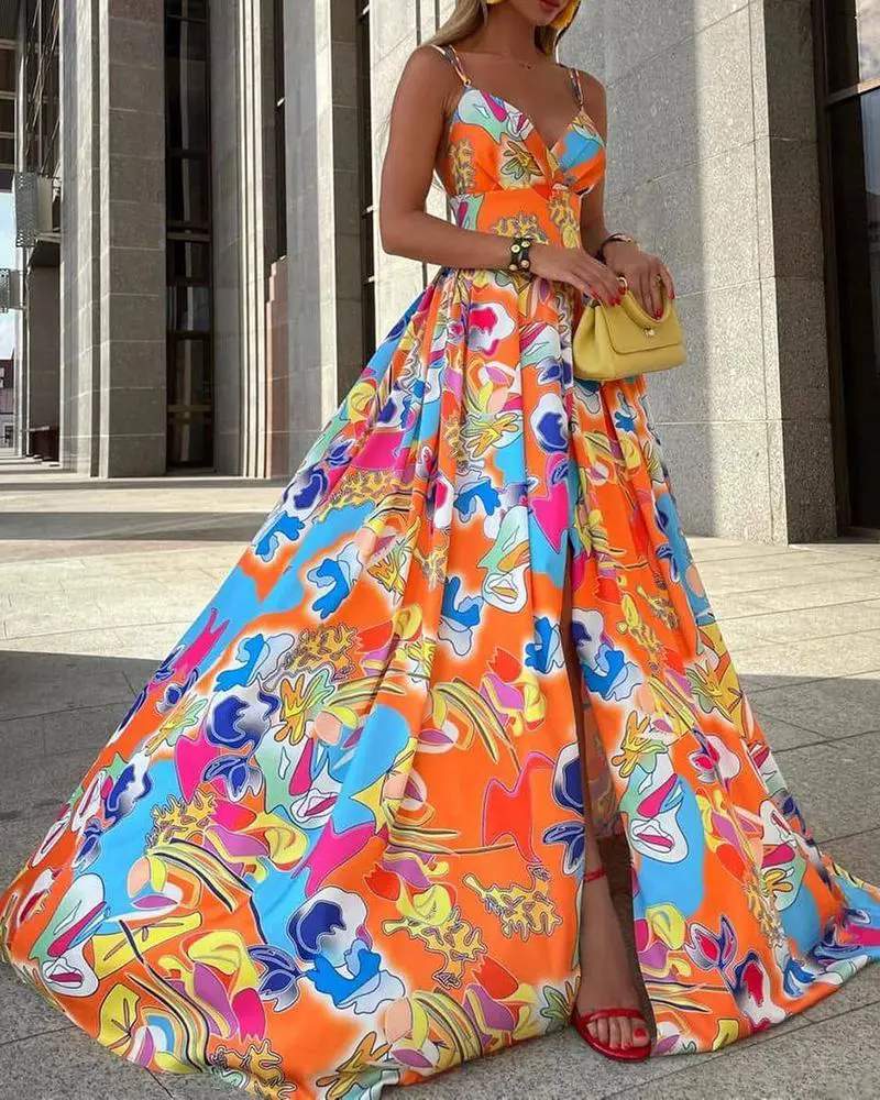 SLEEVELESS HIGH SLIT ALLOVER PRINT MAXI DRESS