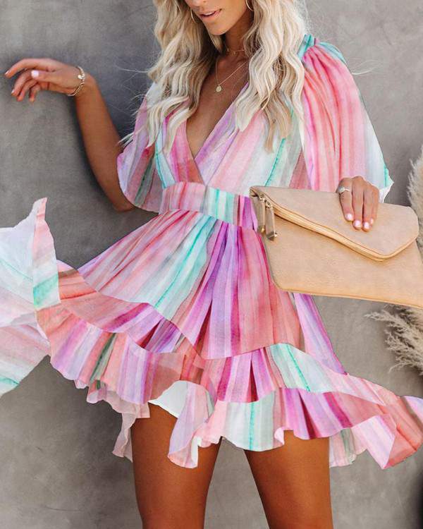Women's Striped Party Dress, V-Neck Summer Wear