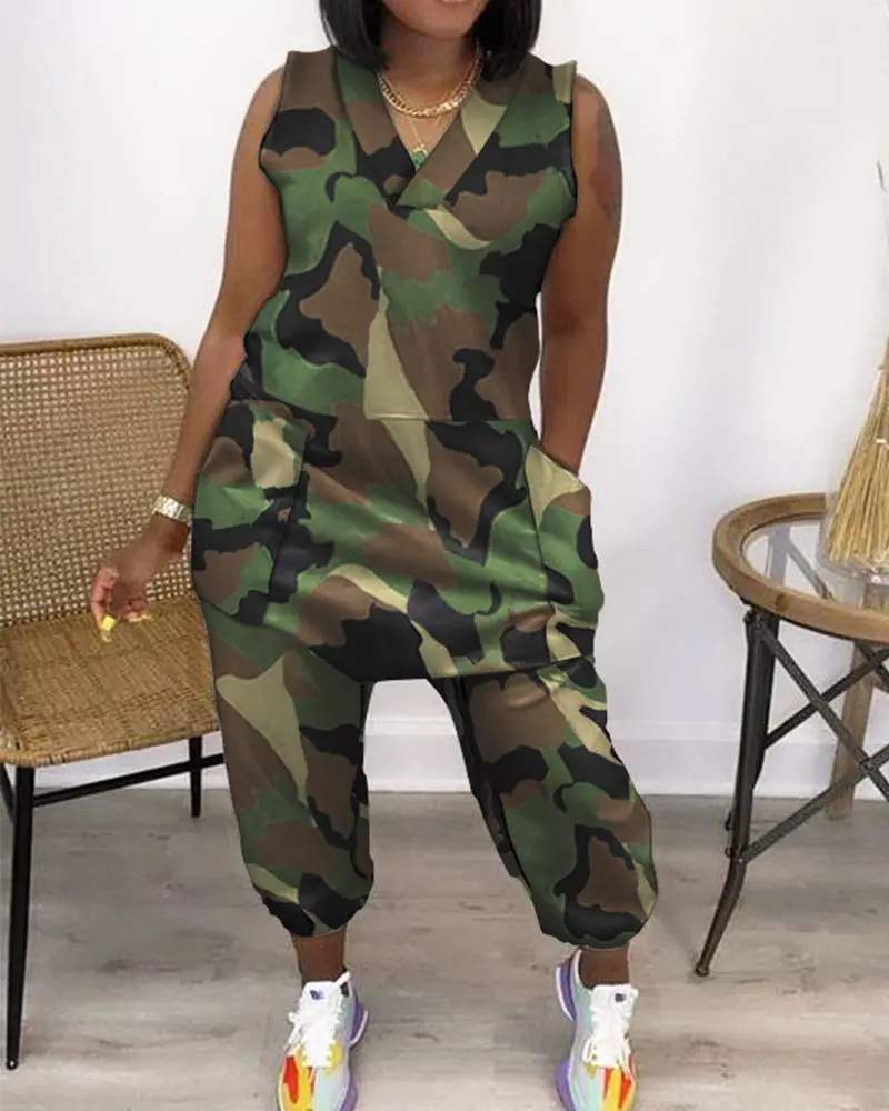 CAMOUFLAGE SLEEVELESS POCKET DESIGN V NECK JUMPSUIT