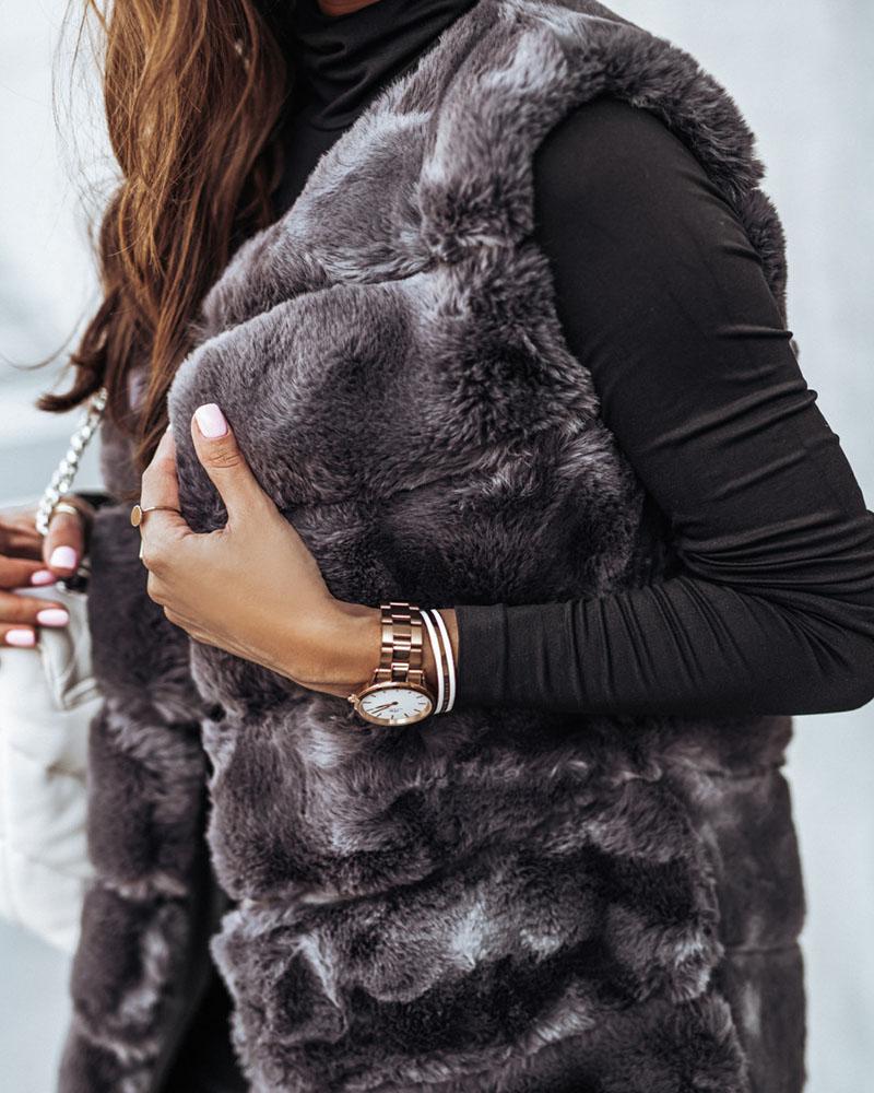 Plain Fluffy Faux Fur Longline Coat