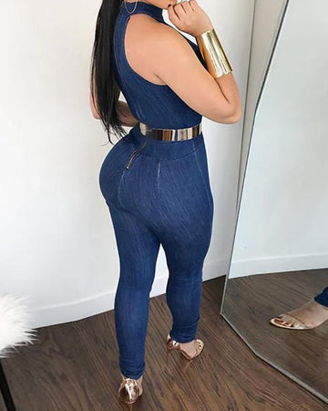 Halter Neck Denim Jumpsuit, Bodycon Fashion