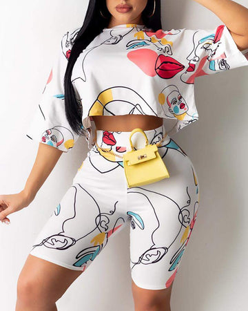 Graffiti Print Short Sleeve Top Shorts Set