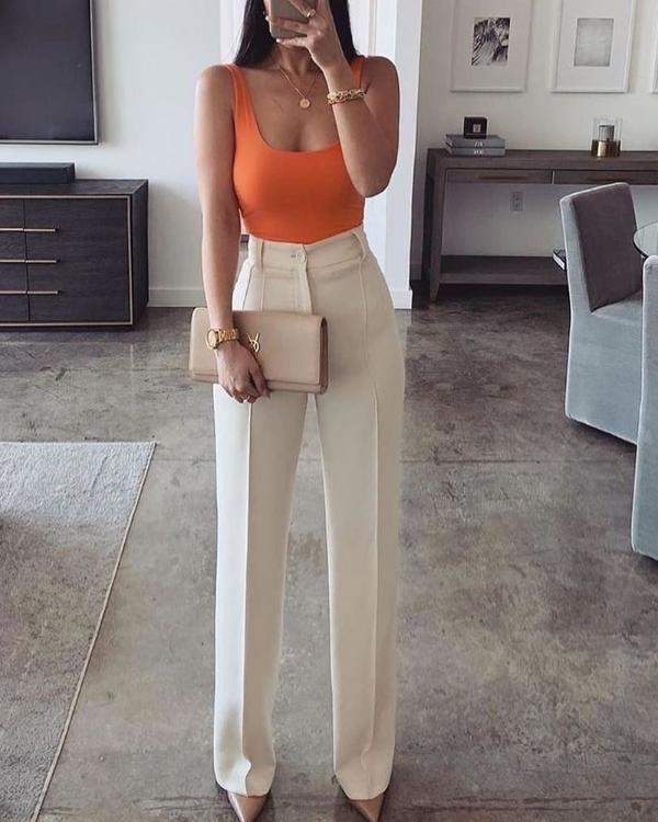 SQUARE NECK TANK TOP SINGLE BUTTON PANTS SET