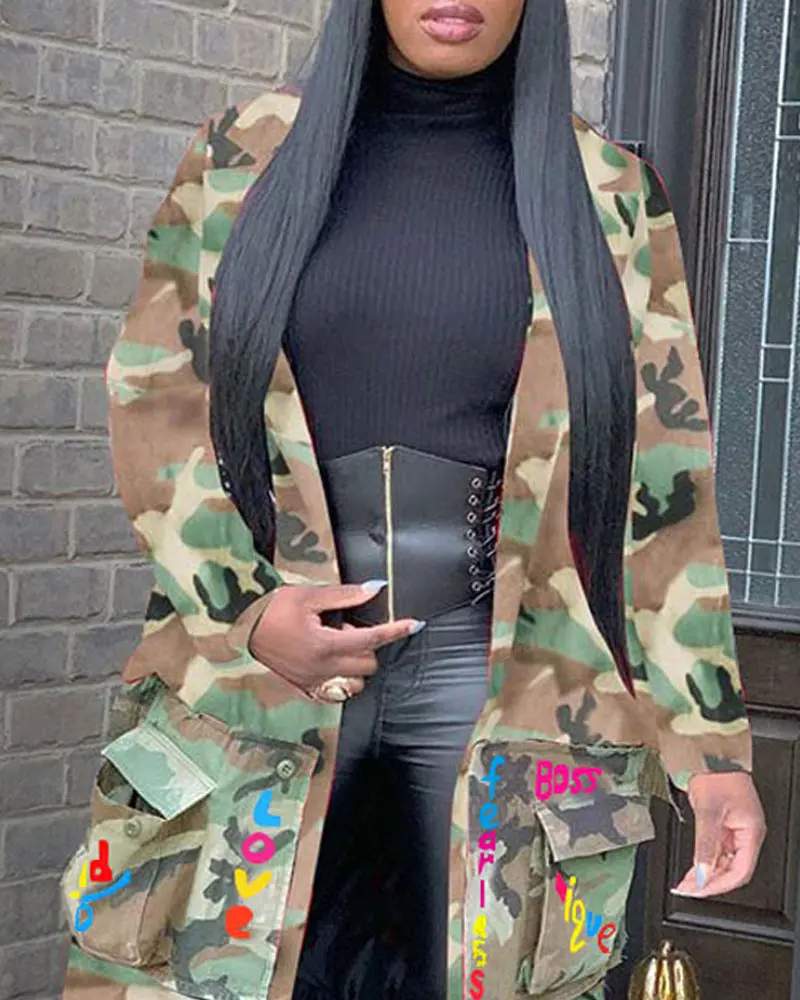 CAMO LETTER PRINT POCKET PATCH LONGLINE COAT