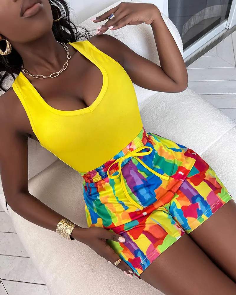 SOLID TANK TOP ALL OVER PRINT SHORTS SET