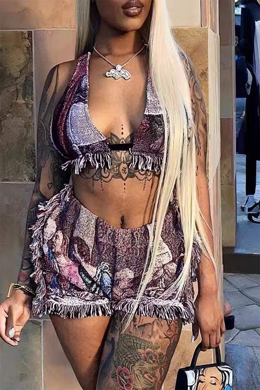 GRAPHIC FRINGES SHORTS SET