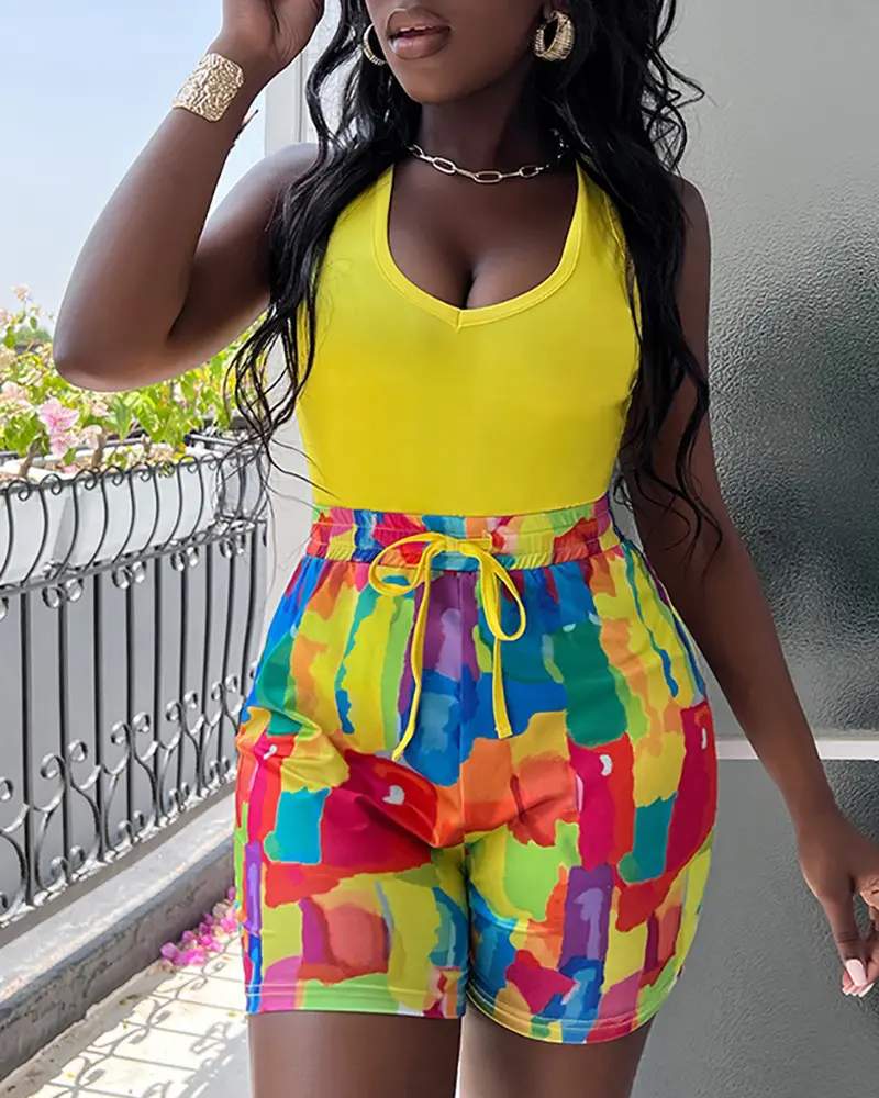 SOLID TANK TOP ALL OVER PRINT SHORTS SET
