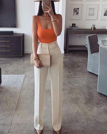SQUARE NECK TANK TOP SINGLE BUTTON PANTS SET