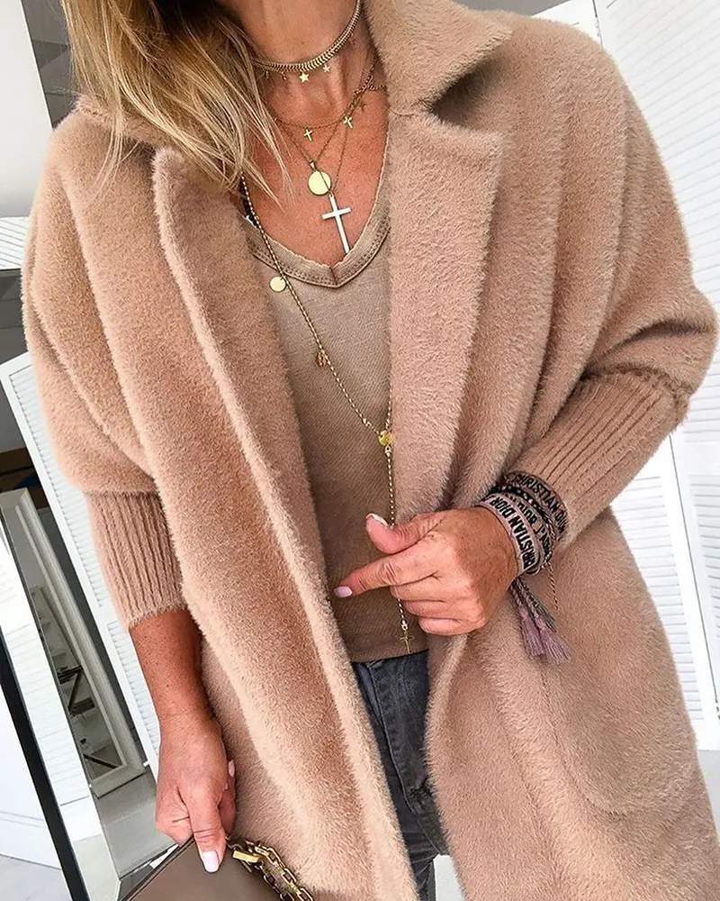 WARM KHAKI SOLID FLUFFY OPEN FRONT LONG COAT
