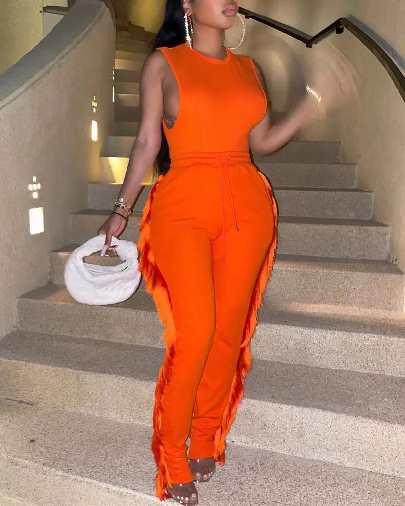 PLAIN TASSEL TRIM SLEEVELESS JUMPSUIT