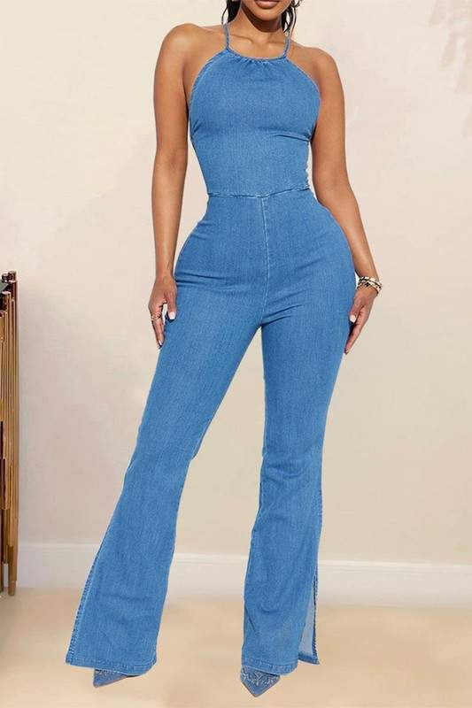 HALTER DENIM JUMPSUITS
