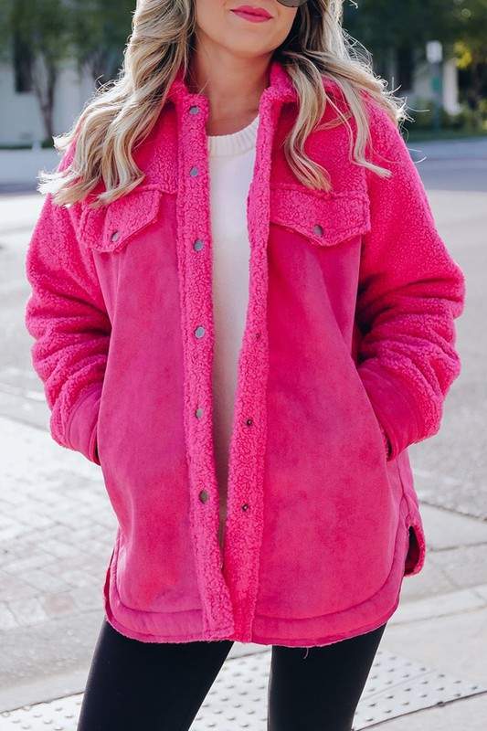 FAUX SUEDE SHERPA PATCHWORK BUTTON UP SHACKET