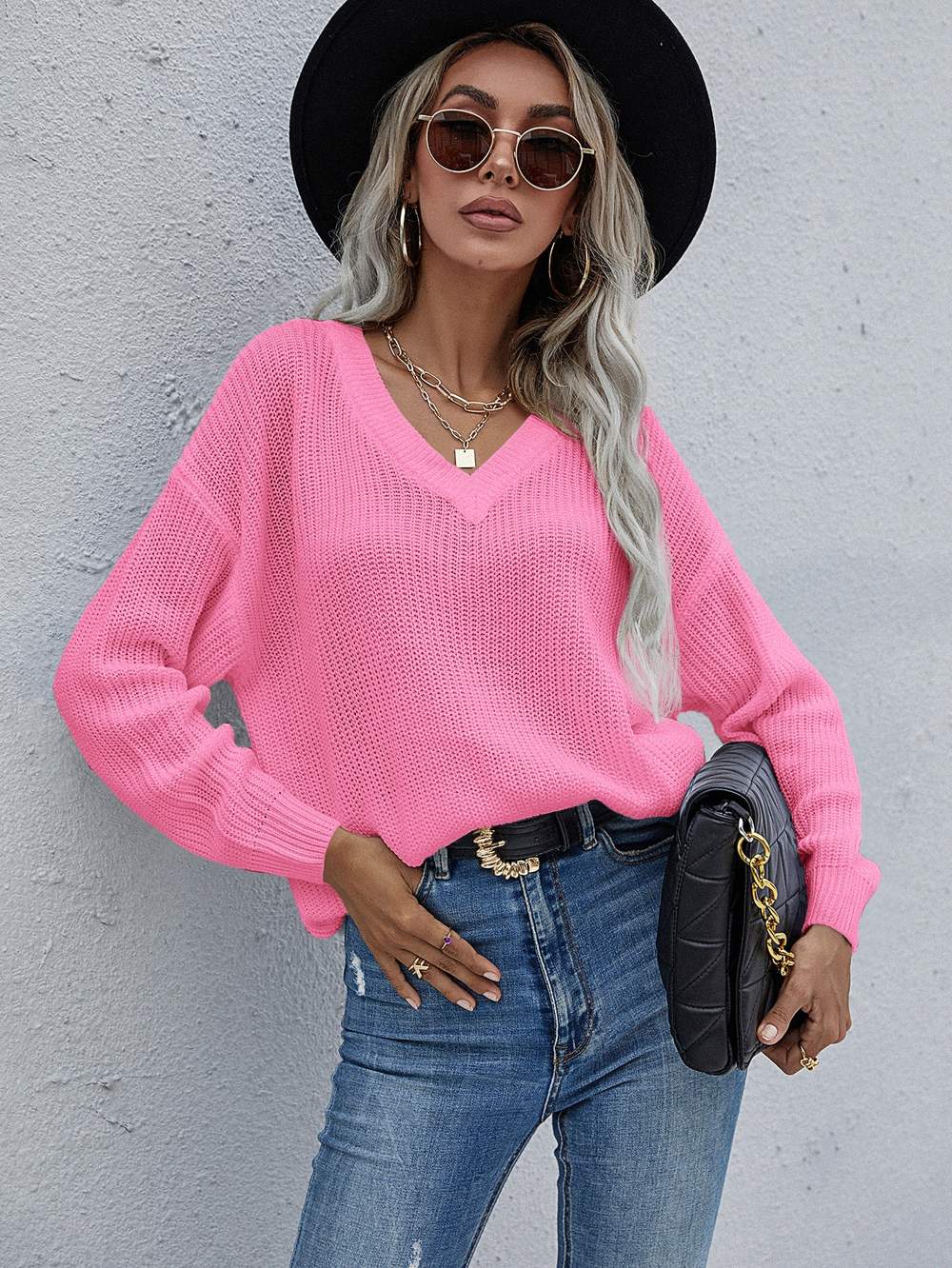 SOLID DROP SHOULDER V NECK SWEATER