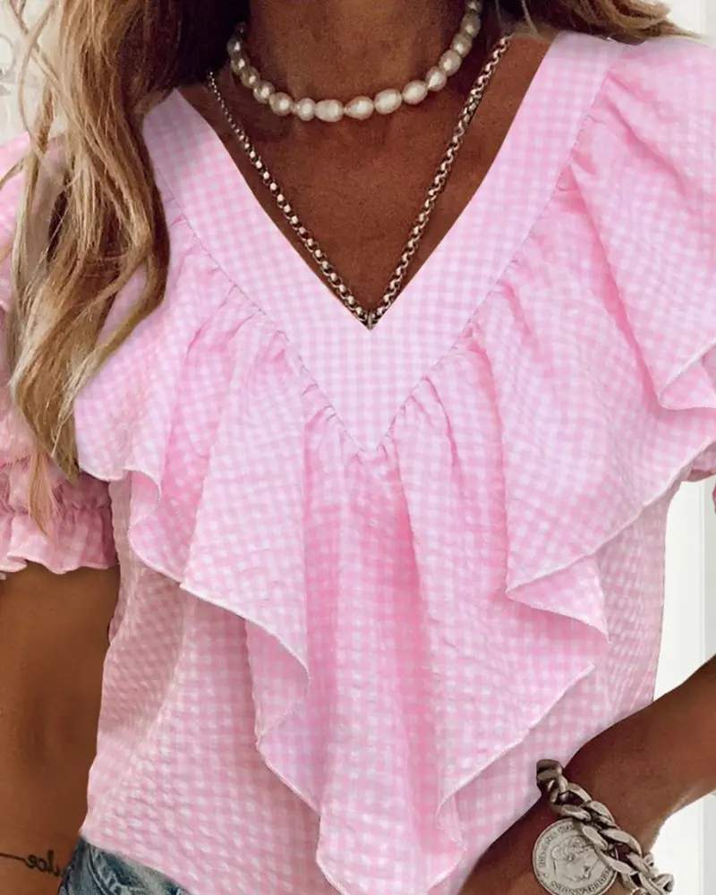 PLAID PRINT RUFFLE HEM PUFF SLEEVE TOP