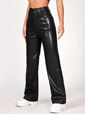 PETITE SOLID PU LEATHER STRAIGHT LEG PANTS