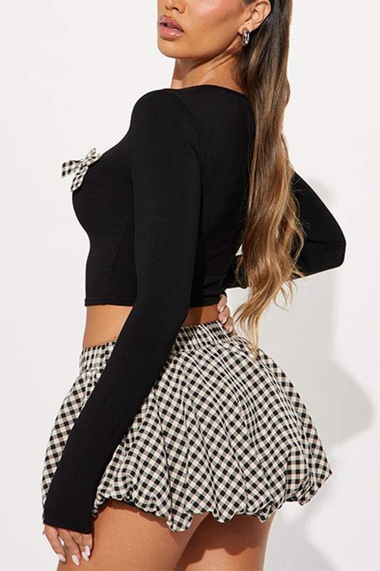PLAID BOW CROPPED BUBBLE SKIRT SETS