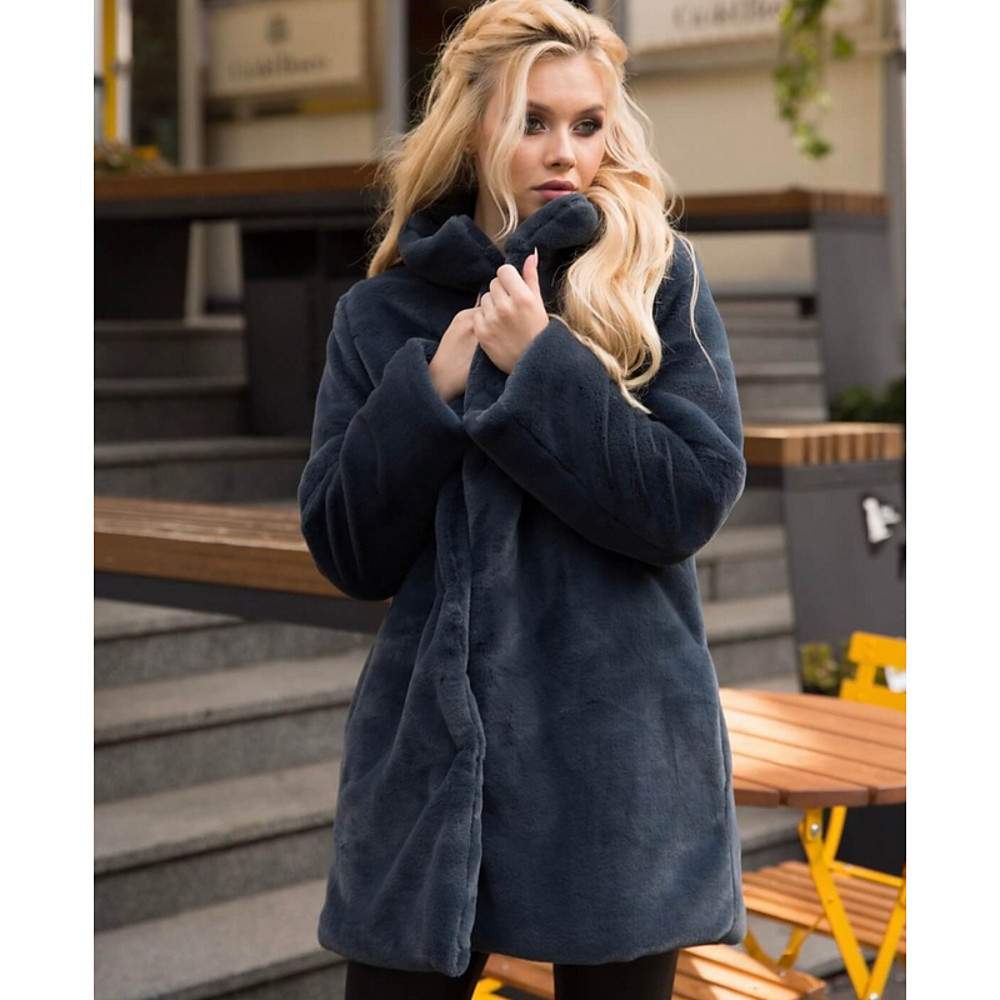 EXPLOSIONS REX RABBIT FUR  VERTICAL COLLAR FUR COAT MID LENGTH 