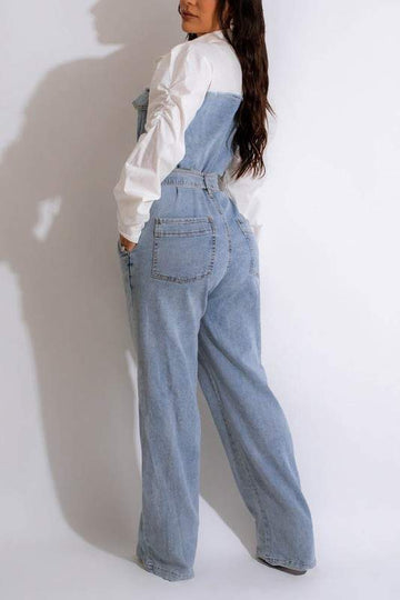 LONG SLEEVE WAIST TIE DENIM JUMPSUIT