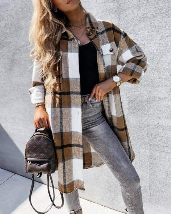 NEW Plaid Flap Detail Drop Shoulder Button Up Shacket