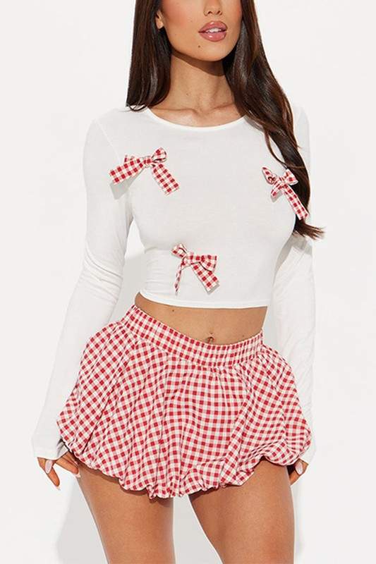 PLAID BOW CROPPED BUBBLE SKIRT SETS