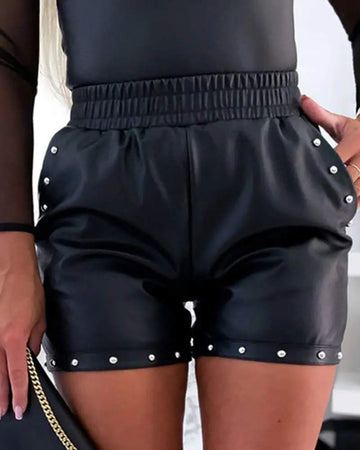STUDDED POCKET DESIGN PU LEATHER SHORTS