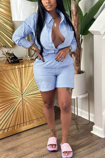 Striped Print Top And Shorts Set