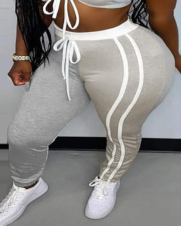 COLORBLOCK STRIPED DRAWSTRING HIGH WAIST PANTS