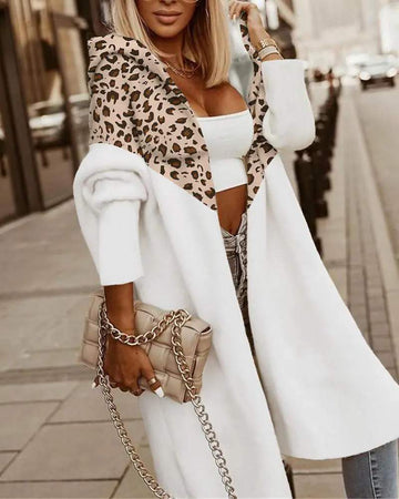 CONTRAST LEOPARD HOODED LONGLINE COAT