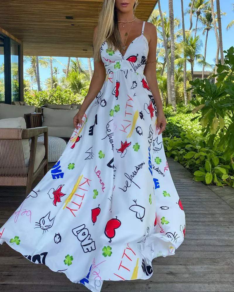 LETTER HEART PRINT BACKLESS CAMI MAXI DRESS