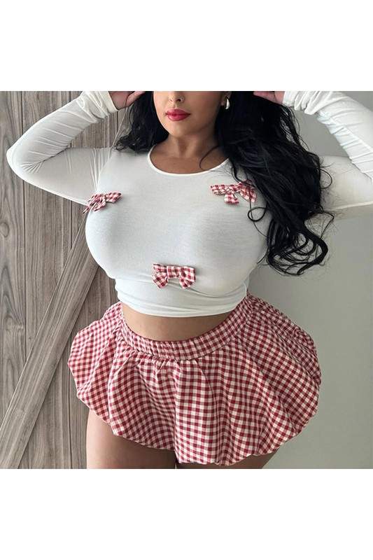 PLAID BOW CROPPED BUBBLE SKIRT SETS
