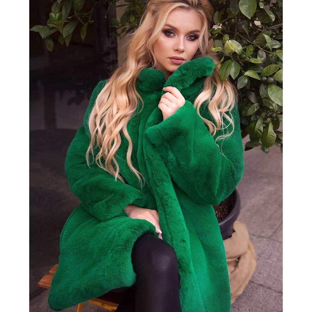 EXPLOSIONS REX RABBIT FUR  VERTICAL COLLAR FUR COAT MID LENGTH 