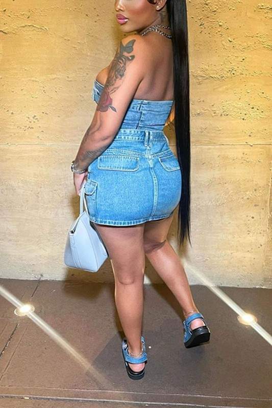 DENIM TUBE TOP AND MINI SKIRT SET