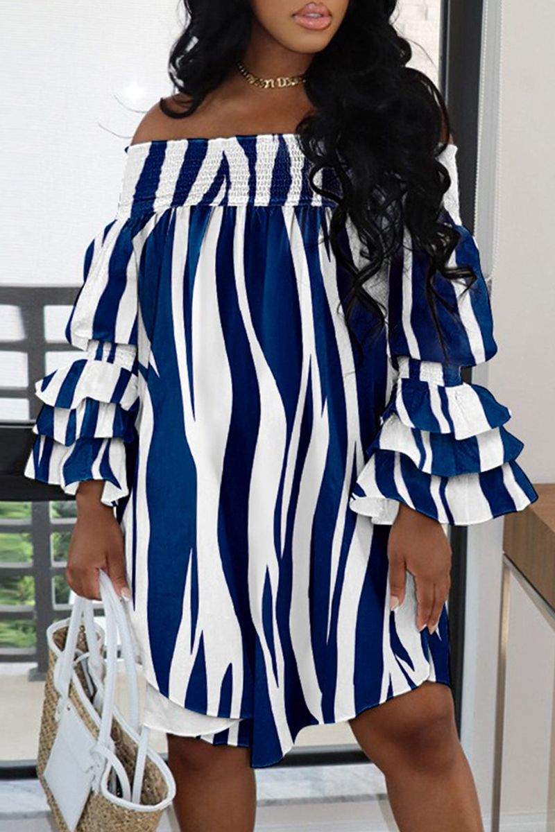 CASUAL PRINT PATCHWORK OFF THE SHOULDER LONG SLEEVE DRESSES