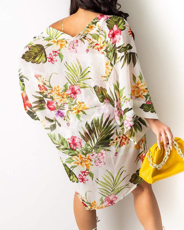 Floral Print Chiffon Tube Top With Short Pants And Coat Piece Suit Sets