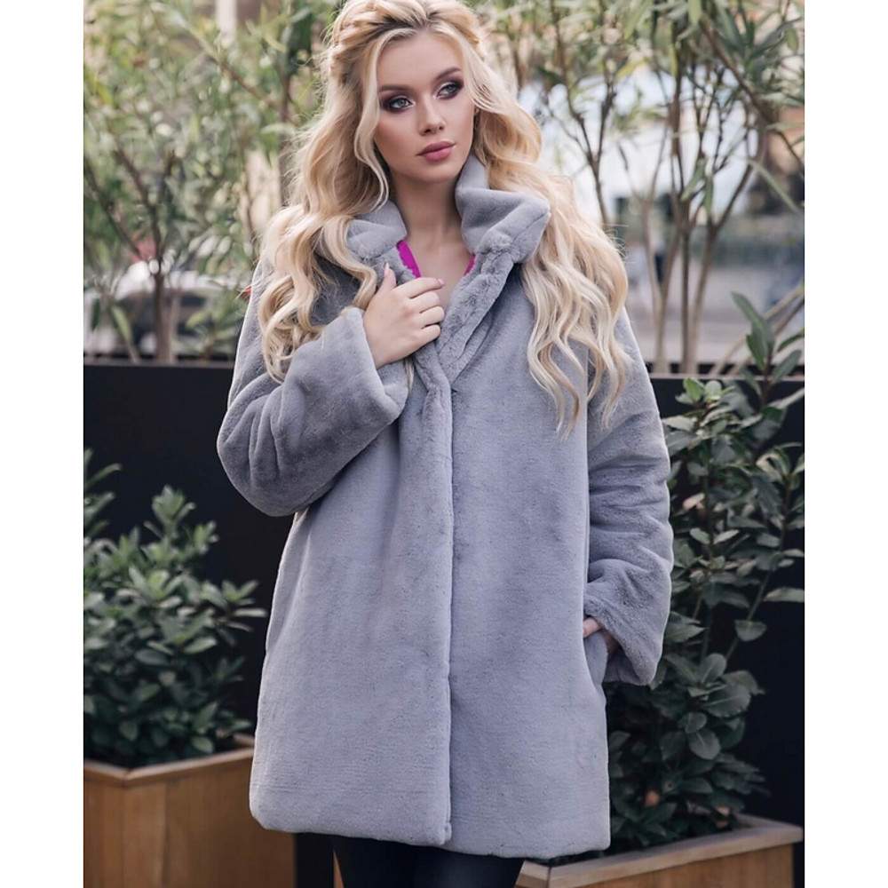 EXPLOSIONS REX RABBIT FUR  VERTICAL COLLAR FUR COAT MID LENGTH 