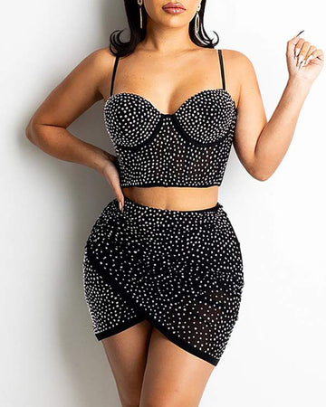 Studded Sleeveless Corset Crop Top Skirt Set