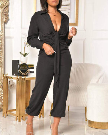 NEW Leopard Print Plunging Neck Tie Front Ruched Jumpsuit